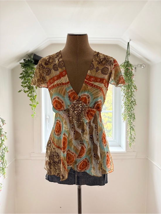 Kaelyn-Max Tops - Y2K beaded V-Neck Blouse